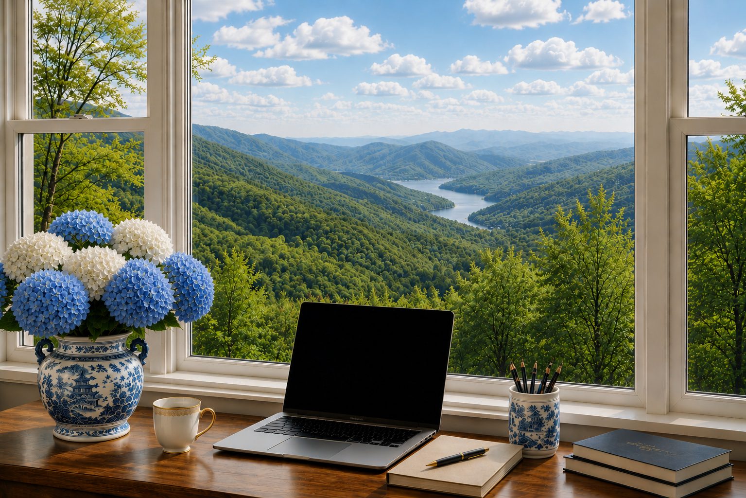 A sunlit desk with a laptop and blue hydrangeas beside a window overlooking green Georgia mountains